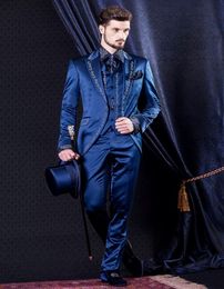 Embroidery Three Piece Groom Tuxedos Blue Men Wedding Suit Bridgroom Men Business Dinner Prom Wear Custom Made(Jacket+Pants+Tie+Vest) 1173