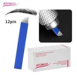 100pcs 12 Pin Microblading Needles For Embroidery Pen Permanent Makeup Eyebrow Tattoo Supplies Machine Sloped Head Blades Blue