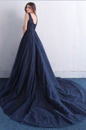 Navy Blue Formal Dresses Evening Plus Size 2022 V-neck Cap Sleeve Empire Waist Prom Dress Lace Applique Beaded Sequins Graduation 210O