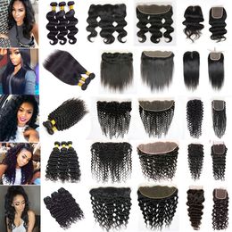 30 36 Inches Human Remy Hair Bundles With Lace Frontal Closure Straight Body Deep Water Loose Wave Jerry Kinky Curly Brazilian Virgin 3 4 Weave Weft Extension 10A Grade