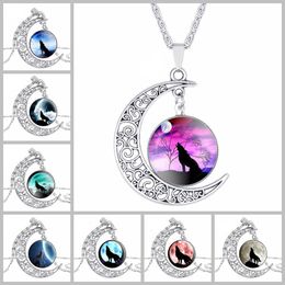 Totem Wolf Glass Cabochon necklace Moon Time Gemstone Necklaces Chains Silver Animal Models Fashion Jewelry For Women mens Gifts DROP SHIP 162594