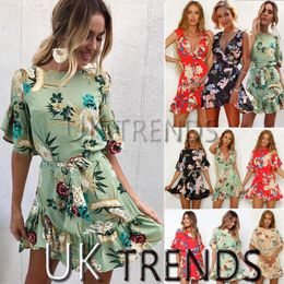 UK Womens Mini Ladies Dress Floral Print Ruffle V Summer Beach Holiday Size 6-14