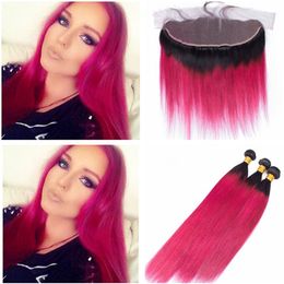 Peruvian Ombre Pink Human Hair Weave Bundles with Frontal Two Tone 1B/Hot Pink Ombre Hair Weaves with Full Lace Frontal Closure 13x4