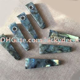 1Piece Square Natural Labradorite Quartz Crystal Cigarette Holder Smoking Pipe Spectrolite Stone Spirit Energy Pipe and Healing Point 100mm