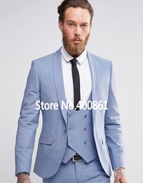 Classic Style One Button Light Blue Groom Tuxedos Shawl Lapel Groomsmen Best Man Blazer Mens Wedding Suits (Jacket+Pants+Vest+Tie) H:658