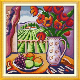 The window view flowers vase decor paintings ,Handmade Cross Stitch Embroidery Needlework sets counted print on canvas DMC 14CT /11CT