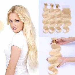 Brazilian 613# Honey Blonde Human Hair Bundles With Lace Closure Cheap Brazilian Body Wave Virgin Hair Weaves With 4*4 Lace Closure