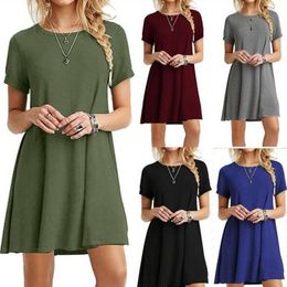 Women's summer sexy short sleeve solid color loose O-neck cotton T-shirt dress ladies A-line mini ruffles beach dress tops S-5XL