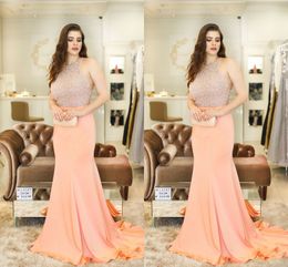 New Halter Neck Luxury Sexy Mermaid Prom Evening Dresses Long Backless Beads Crystals Formal Celebrity Dresses yousef aljasm