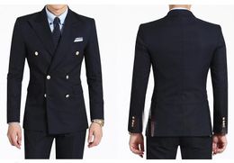 New Arrivals Double Breasted Navy Blue Groom Tuxedos Peak Lapel Groomsmen Best Man Blazer Mens Wedding Suits (Jacket+Pants+Tie) D:367