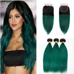 Two Tone Green Human Hair Weaves With Lace Closure Silky Straight Hair Weaves With Lace Closure Straight Virgin Indian Human Hair 4Pcs/Lot