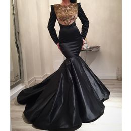 Glamorous Black Mermaid Prom Dresses Golden Applique Crystal Jewel-Neck Long Sleeve Satin Mermaid Party Dress Charming Saudi Evening Gowns