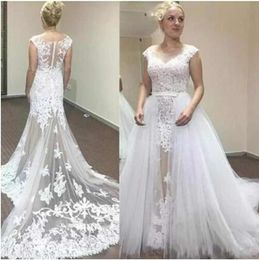 Customised Size White Sexy Wedding Dresses Scoop Neck Detachable train Sleeveless Lace Appliques Long Tail Charming Wedding Gowns