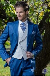 New Design One Button Blue Wedding Groom Tuxedos Peak Lapel Groomsmen Mens Dinner Blazer Suits (Jacket+Pants+Vest+Tie) NO:1601