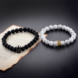 New Design Couple Bracelets Handmade Distance Black Matte&White Cz Crown King Beads Stone Bracelet Lovers