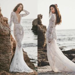 2019 Mermaid Wedding Dresses Deep V Neck Lace Long Sleeve Backless Plus Size Bridal Gowns Beach Robe De Mariée