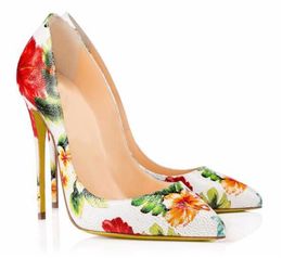 Women Classical Style Pointed Toe Red Flowers Printed Pumps 12cm Stiletto Heel Pattern Leather High Heels Formal Dress Shoes