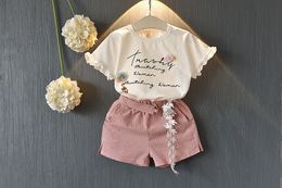 Newborn fashion baby girls summer outfits kids girls flower letter top shirts+ shorts 2pcs/set cute kids clothes suit