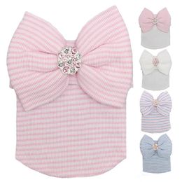 New 0-3M Newborn Baby Crochet Hats with Big Bow Cute Baby Girl Shiny Rhinestone Knitting Stripe Hedging Caps Autumn Winter