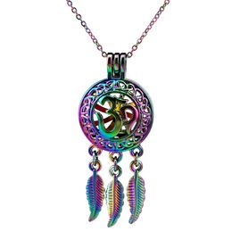 C704 Rainbow Colour Dream catcher Yoga OM leaf Beads Cage Pendant Essential Oil Diffuser Aromatherapy Pearl Cage Locket Pendant Necklace