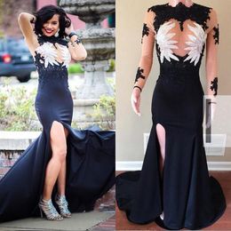 Black Mermaid Prom Dresses 2019 Lace High Neck Illusion Long Sleeves Evening Gowns Sexy See Through High Split Women Formal Party Dress