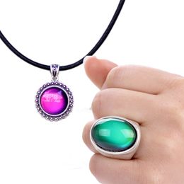 Lucky Antique Silver Plated Mood Ring Leather Chain Necklace Jewellery Set for Sale Size7/8/9