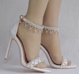White Wedding Shoes Women Designer Crystal Sandals For Beach Country Outdoor Weddings Summer Style 11 CM High heel Open Toe268S
