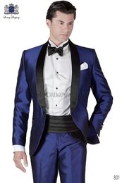 Fashion Blue Men Wedding Tuxedos Excellent Groom Tuxedos Black Shawl Lapel One Button Men Blazer 2 Piece Suit(Jacket+Pants+Tie+Girdle) 2072