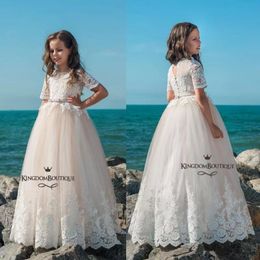 Lace Tulle Flower Girl Dresses Short Sleeves Jewel Neck Appliques with Bow Sash A Line Kids Formal Dresses For Weddings