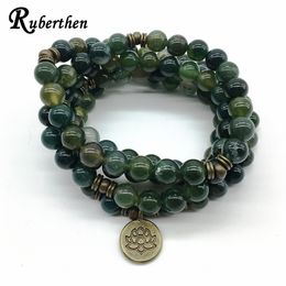 Beaded Strands Ruberthen High Quality Design Yoga Healing Bracelet or Necklace Natural Moss Stone Lotus Meditative 108 Mala Yoga Jewelry