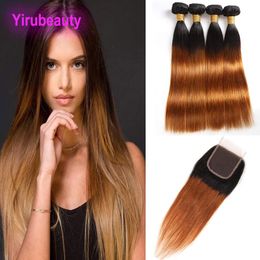 Peruvian 3 Bundles With 4X4 Lace Closure 4pieces/lot 1B/30# Double Color Straight Virgin Hair Extensions Wefts With Closure Baby Hair 8-28"