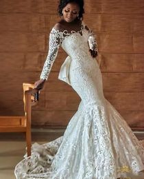 Nigerian African Full Lace Wedding Dresses With Back Bow Beading Long Sleeves 2019 Ivory Mermaid Engagement Wedding Bridal Gowns240I