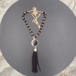 Western style tassel pendant chain hand-faceted glass edging black suede vinyl enamel disc necklace