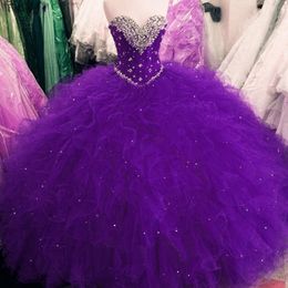 Luxury Purple Ruffles Cheap Quinceanera Prom Dresses Ball Gown Tulle Rhinestones Sweet 16 Dress For Girls Corset Vestidos 15 anos