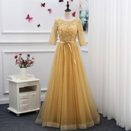 Illusion Gold Evening Dresses Scoop Three Quarter Sleeves Pleats Tulle with Applique Sequins Beads Long Prom Dresses