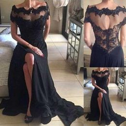 Elegant Black Chiffon Side Split Evening Dresses Graceful Lace Off Shoulder Illusion Mermaid Prom Dress Sweer Train Long Formal Party Gowns