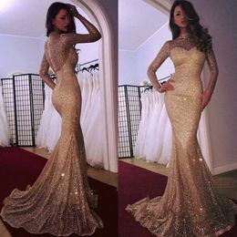 Long Sleeves Sequins Mermaid Evening Dresses High Neck Sequin Floor Length Long Prom Dresses Formal Gowns Sweep Train
