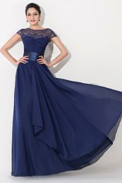 Elegant Chiffon Lace Navy Blue Long Bridesmaid Dresses Short Sleeve Fitted Sash Evening Gowns Plus Size Maid Of Honour Dresses Unde320l