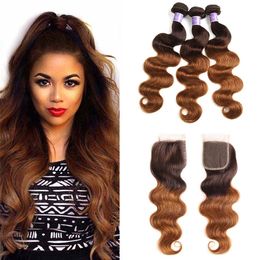Brazilian Ombre Human Hair Weave Bundles with Closure Two Tone Blonde 4/30# Brazilian Body Wave Human Hair Extensions with Closure