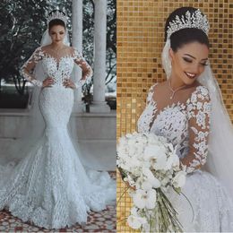 Gorgeous Beaded Lace Mermaid Wedding Dresses 2022 leeves Sheer Tulle Appliques Bridal Wears BA9863 B0613G12