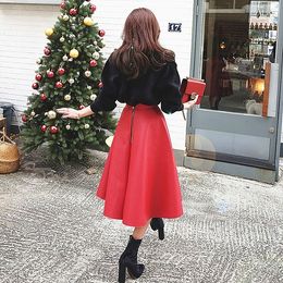 New design fashion womens high waist PU leather a-line big expansion midi long skirt New Year red color long skirt XSSMLXLXXL