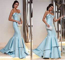 Elegant Mermaid Evening Dresses Sweetheart Satin Ruffles Floor Length Formal Prom Dresses Sky Blue Evening Gowns Zipper Up