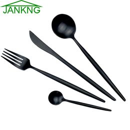 JANKNG 18/10 Durable European Black Stainless Steel Dinnerware Set Luxury Matte Fork Knife Cutlery Set Dinner Silverware Tableware for 1