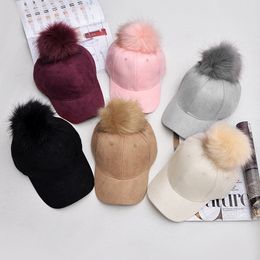 3PCS Unisex Suede Casual Casquette Baseball Hat Women Men Faux Buckskin Pom Pom Ball Adjustable Baseball Cap Candy Colour Winter Autumn Hats