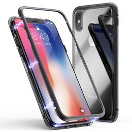 -Para iPhone XS Max X 78 Plus Metal de adsorción magnética Claro de nuevo caso Vidrio templado Duro tapa trasera delgada para Samsung S9 S8 Note9