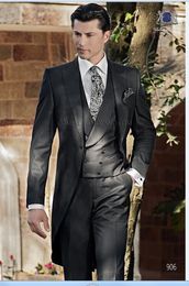 Dark Grey Tailcoat Groom Tuxedos Morning Style Men Wedding Wear High Quality Men Formal Prom Party Suit Customize(Jacket+Pants+Tie+Vest) 988