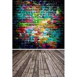 Colourful Painted Brick Wall Photography Backdrop Baby Newborn Photo Shoot Props Kids Children Photographic Backgrounds Wood Floor