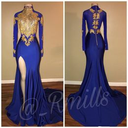 Arabic Royal Blue Gold Lace Applique High Neck Prom Dresses Mermaid Keyhole Long Sleeves Sexy Side Split Black Girl Party Evening Gowns