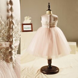 Blush Flower Girls Dresses Ball Gown Tulle Lace Flower Girl Dresses with Crystal Beads Tea Length Buttons Back