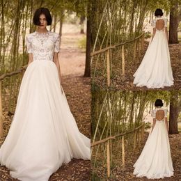 Vintage A Line Dresses Jewel Neck Short Sleeves Lace Appliqued Bridal Dress Country Chiffon Bohemian Beach Wedding Gowns